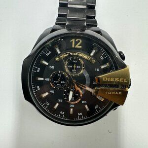 Diesel Mega Chief Watch Men Black Gold Tone Large Dial 53MM Missing Pin Working
